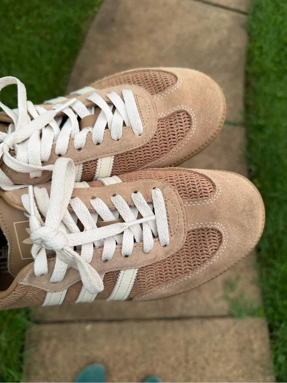 adidas Women’s Tan Suede & Knit Sneakers with White Stripes womens 8
